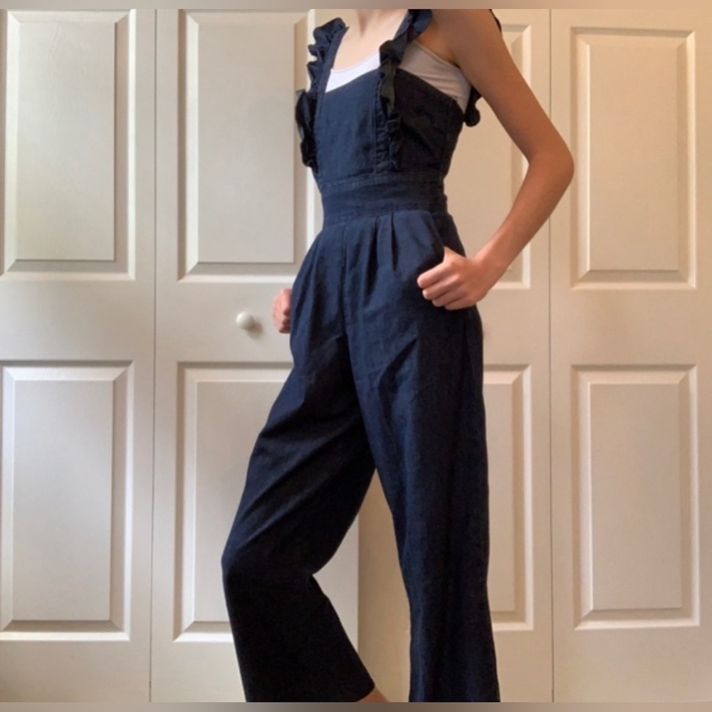 Ella Moss Anthro Ophelia Denim Ruffle Jumpsuit
